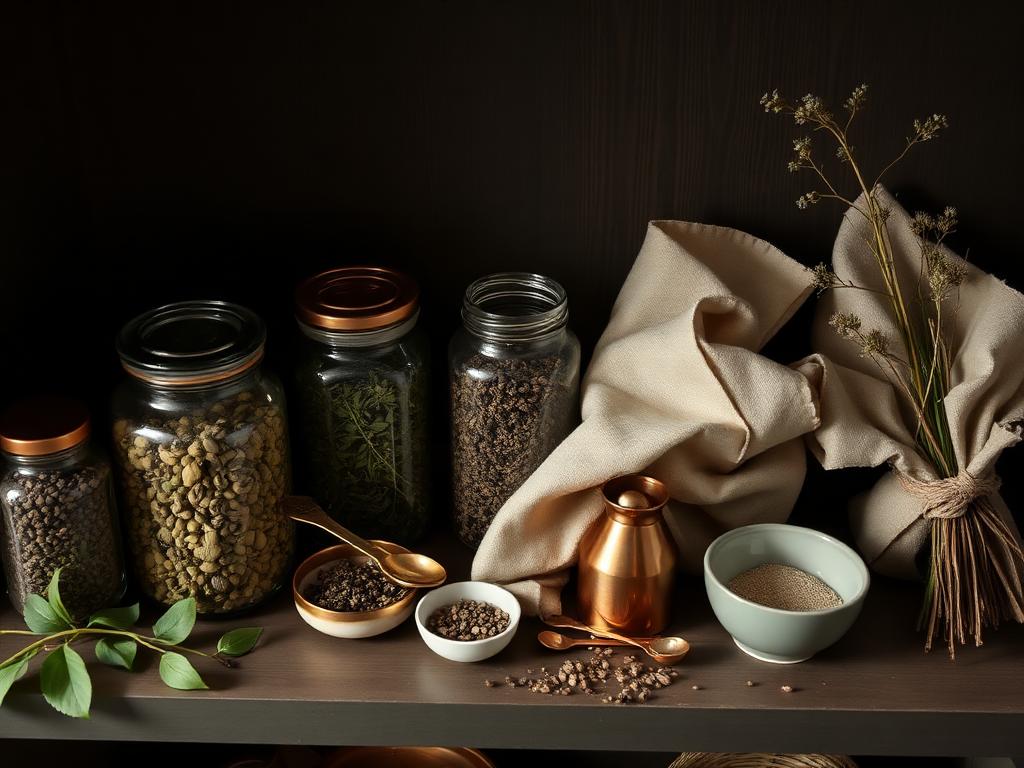 A curated apothecary shelf with Ayurvedic herbs, brass tools and botanical oils in warm light