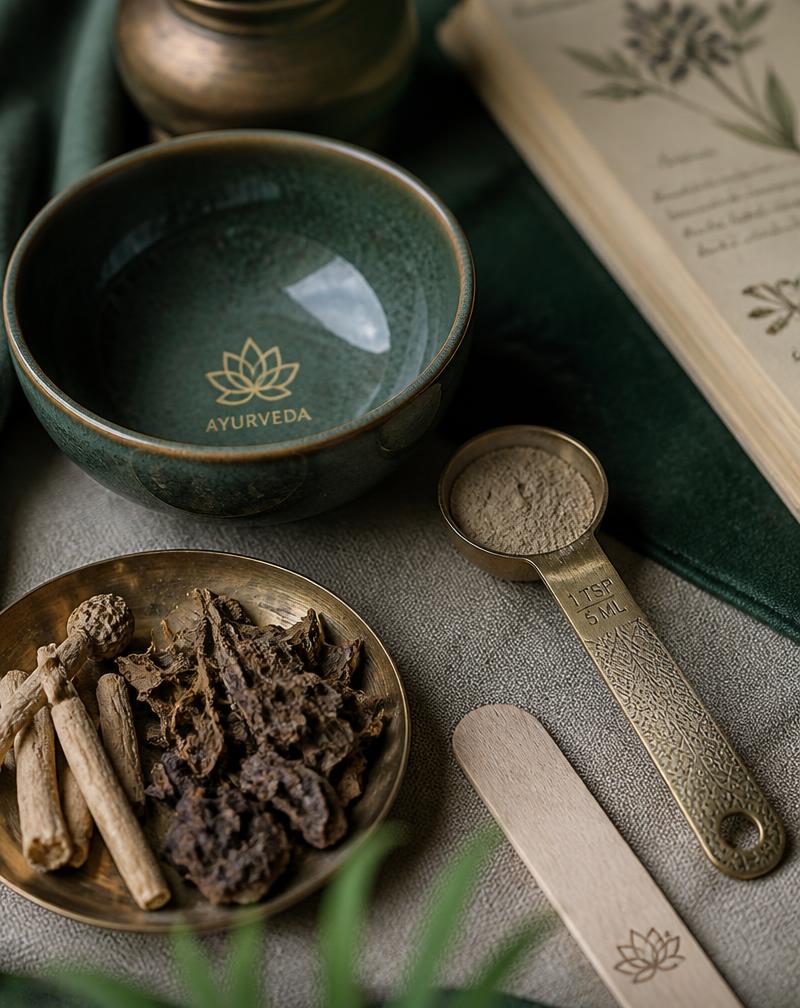 Ayurvedic consultation tools including a ceramic bowl and brass measuring spoon
