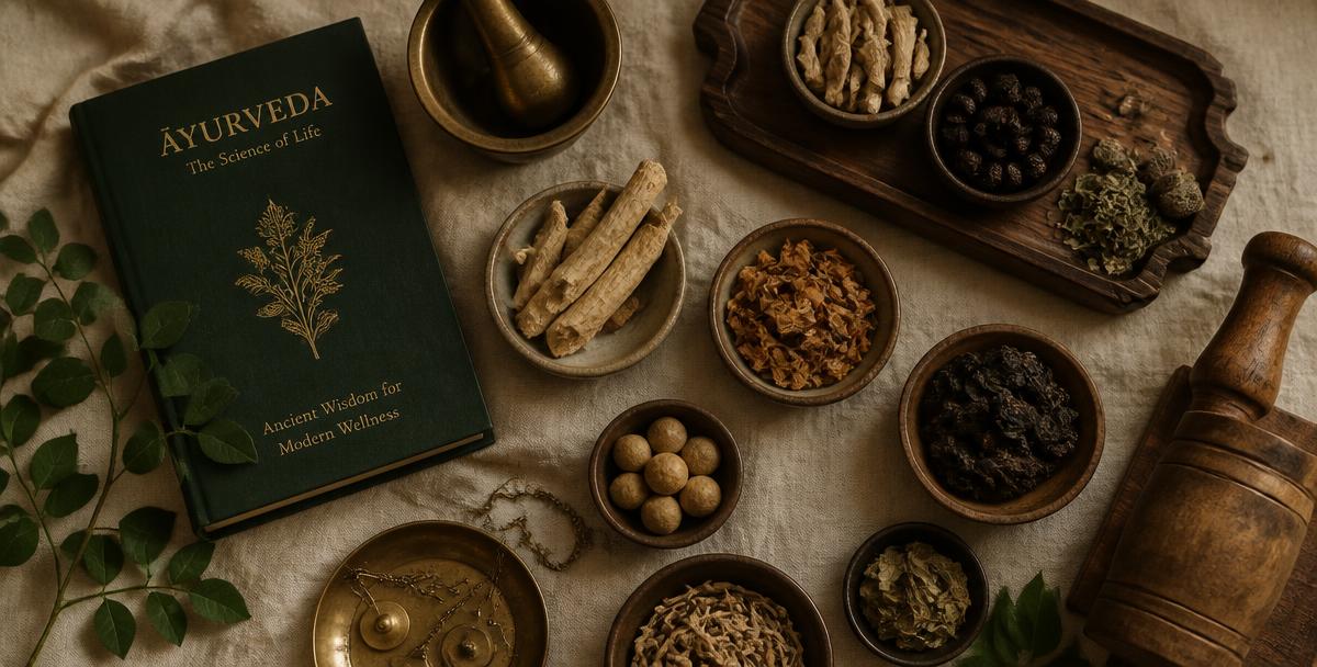 Ayurvedic herbs and apothecary tools arranged on linen in warm morning light